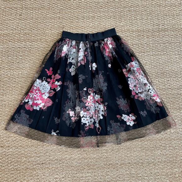 Milly Monica Tulle Overlay Black Pink Floral A-Line Skirt Grosgrain Waistband 6 - Picture 10 of 16